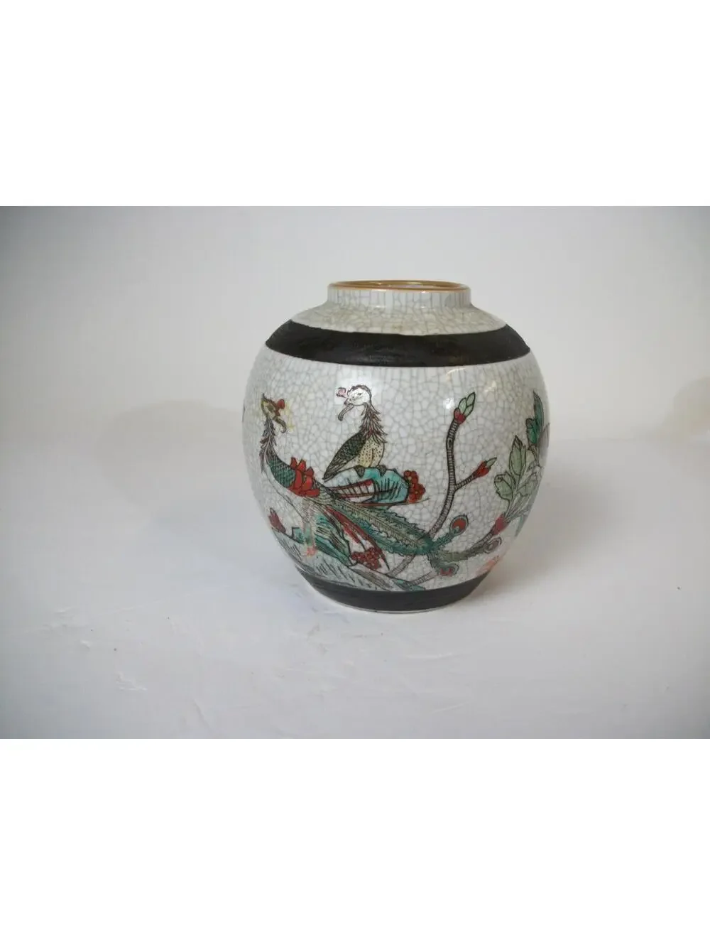 Vintage Asian Ginger Jar Vase Peacock Porcelain Hand Painted Crackle
